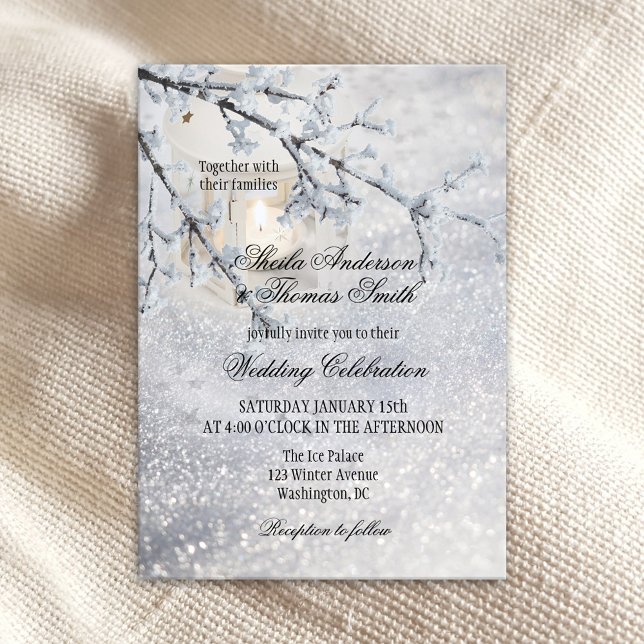 Lantern Sparkling Snow Winter Wedding Invitation (Creator Uploaded)