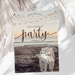 Lantern,String Lights,Flowers,Beach Engagement Invitation