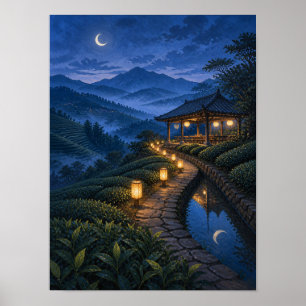Lantern Tea Garden Blue Hour 12x16 Poster
