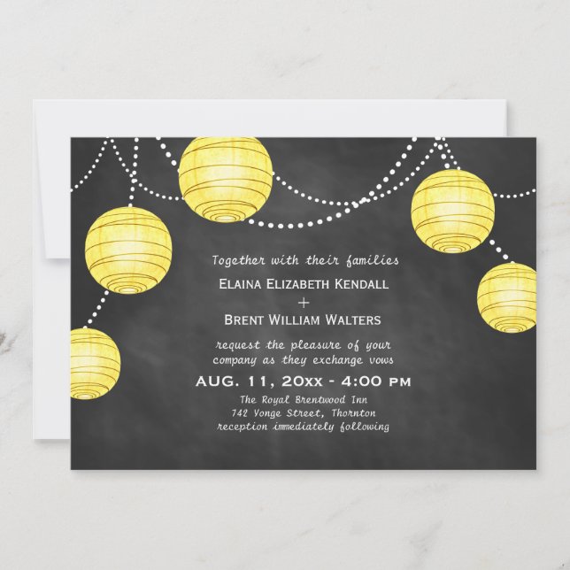 Lanterns on Chalk Wedding Invitation in Yellow (Front)