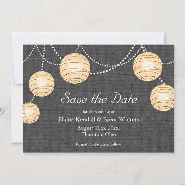 Lanterns on Grey Burlap Save the Date (Front)