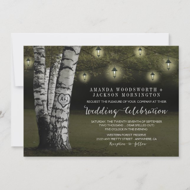 Lanterns + Rustic Birch Tree Wedding Invitations (Front)