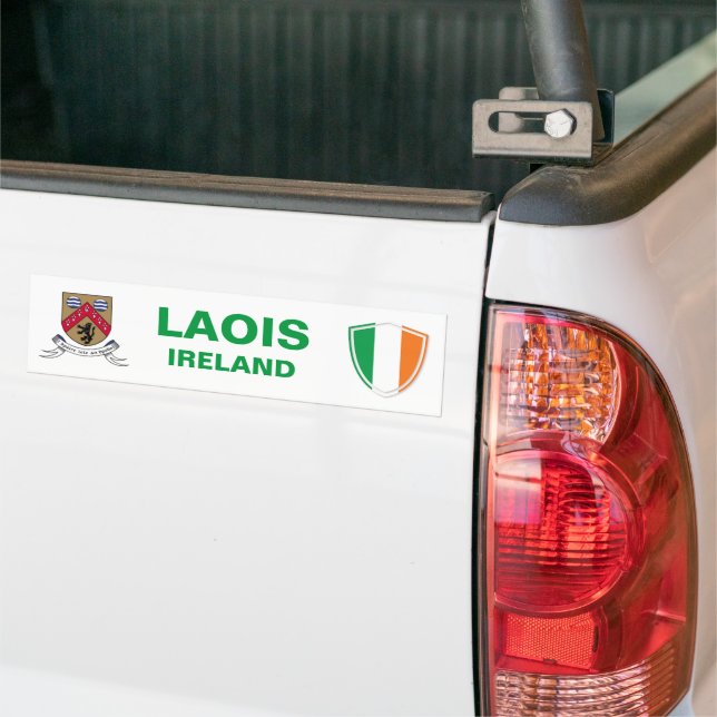 Laois Ireland Crest and Irish Flag Bumper Sticker (On Truck)