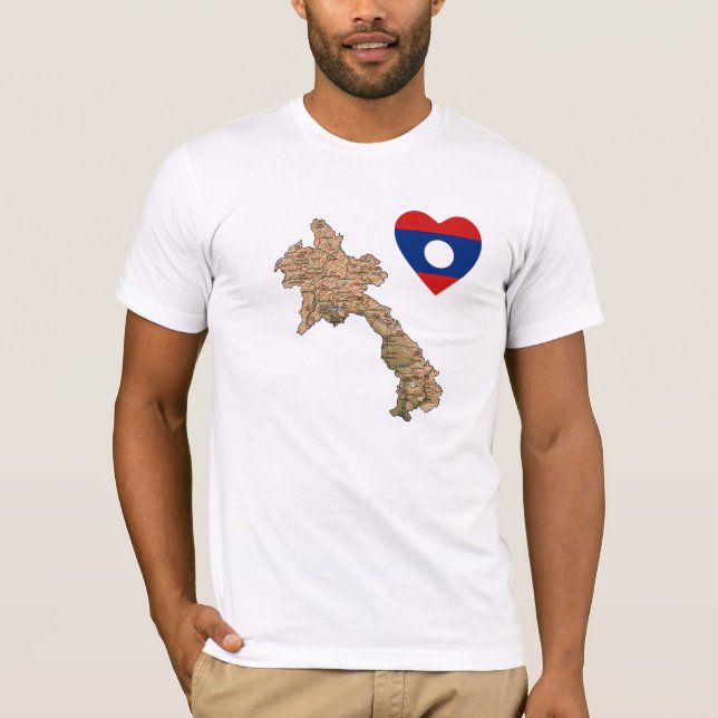 Laos Flag Heart and Map T-Shirt (Front)
