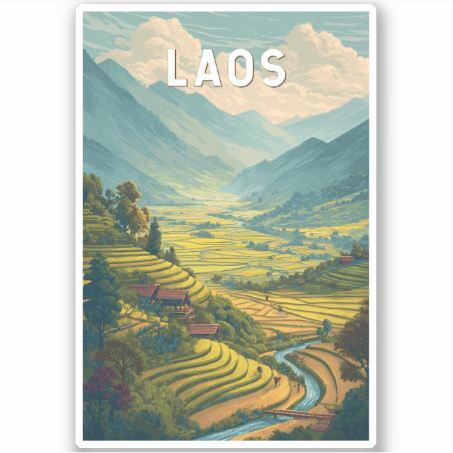 Laos Illustration Travel Art Vintage (Front)