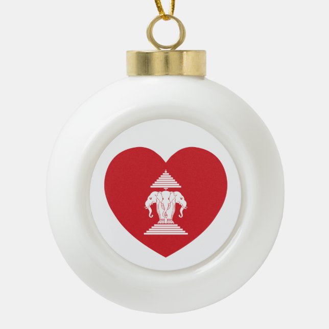 Laotian Erawan 3 Headed Elephant Heart Flag Ceramic Ball Christmas Ornament (Front)