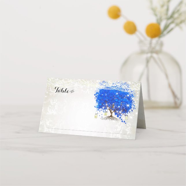 Lapis Blue Heart Leaf Tree Wedding Place Cards (Back)