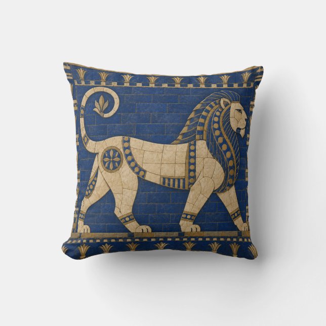 Lapis Blue Ornamental Lion Tile Print Cushion (Front)