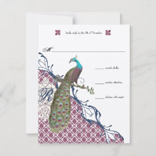 Lapis Blue Raspberry Damask Peacock Wedding RSVP Card