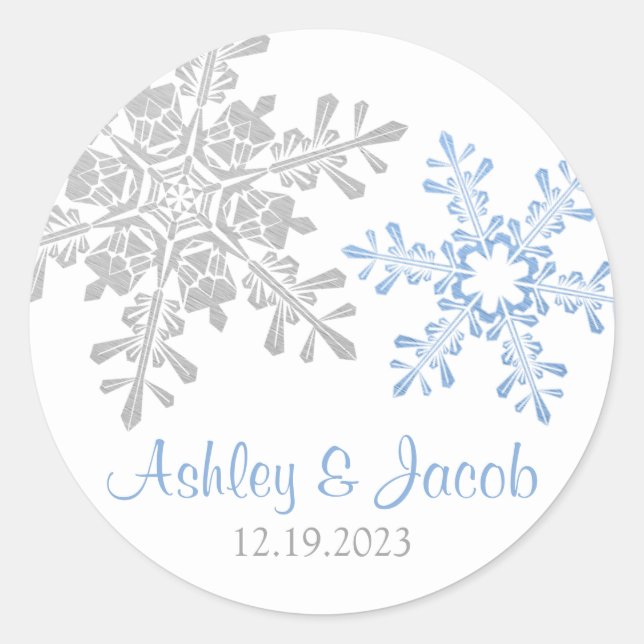 Lapis Blue Silver Snowflake Wedding  Classic Round Sticker (Front)