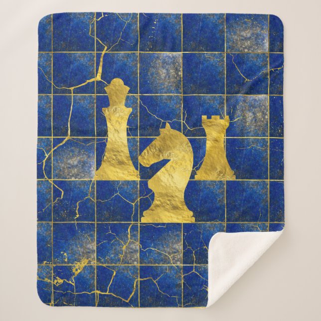 Lapis Lazuli Chessboard and Gold Chess Pieces Sherpa Blanket (Front)