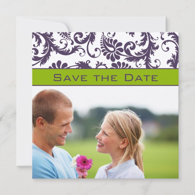 Lapis Purple & Apple Green Damask Save the Date (Front)