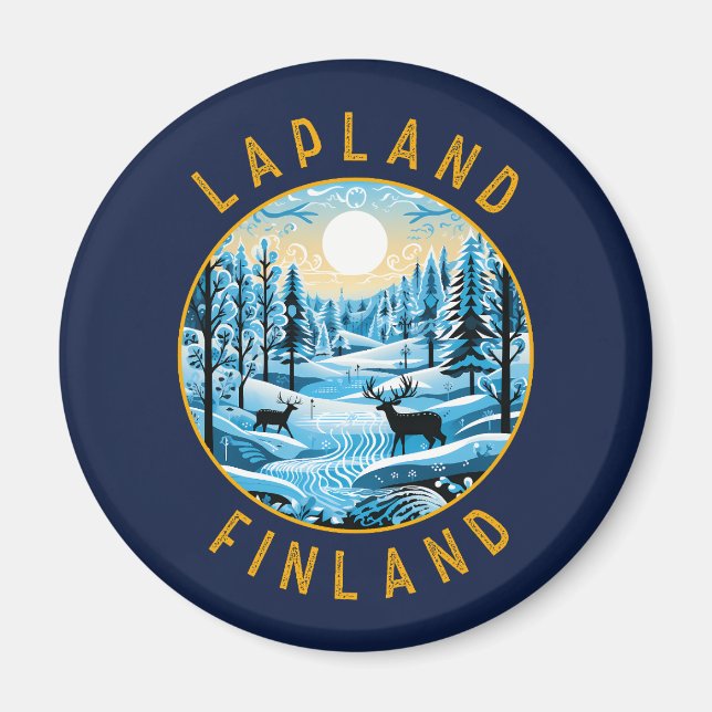 Lapland Finland Deer Retro Distressed Circle Magnet (Front)