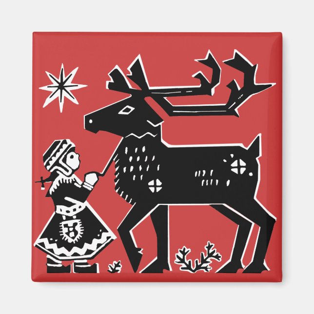 Lapland Girl Holds Reindeer Christmas Magnet (Front)