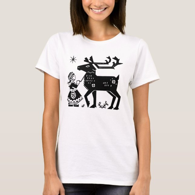 Lapland Girl Holds Reindeer Ladies T Shirt (Front)