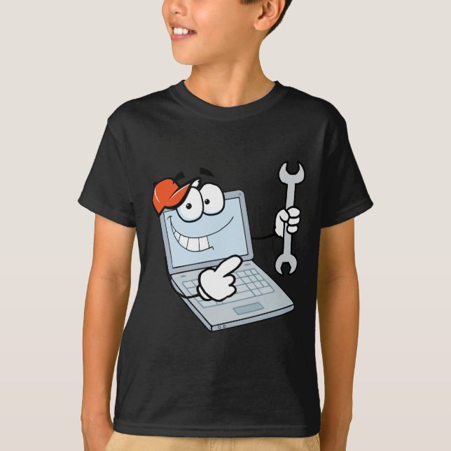 Laptop Cartoon Character Holding A Wrench T-Shirt (Front)