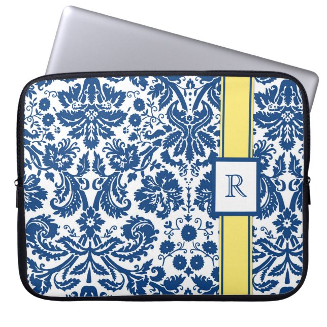 Laptop Custom Monogram Blue Lemon Floral Damask Laptop Sleeve (Front)
