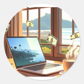 Laptop & Latte Lifestyle – Work, Sip, Succeed! ☕💻 Classic Round Sticker