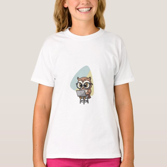 Laptop Owl Study Time Kids T-Shirt (Front)