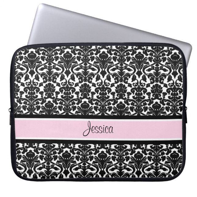 Laptop Pink Damask Custom Name Sleeve (Front)