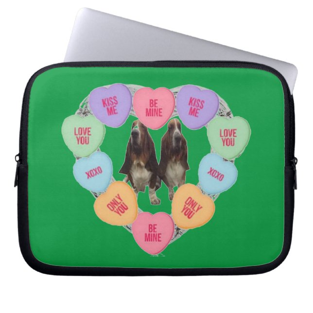 Laptop Sleeve Candy Love Hearts  wIith Bassets (Front)