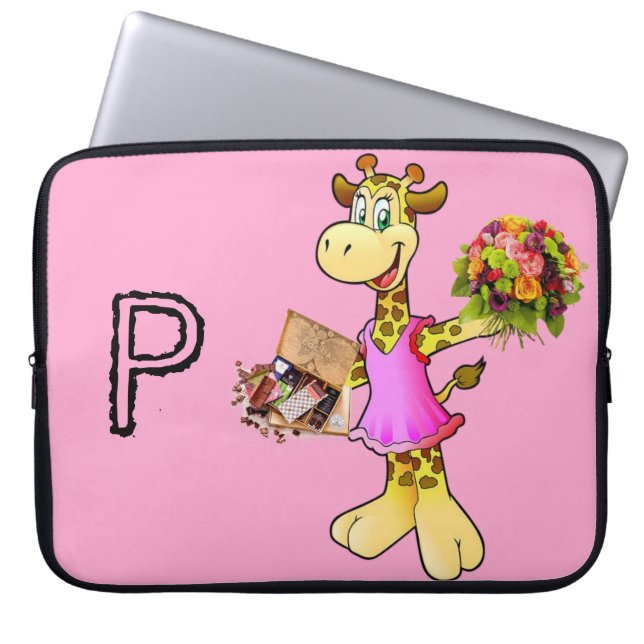 Laptop Sleeve Giraffe Floral Chocolate Pink (Front)