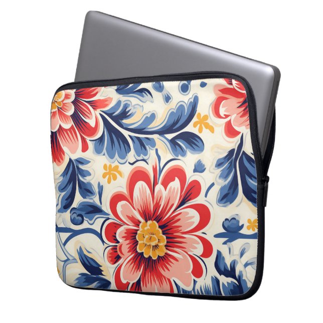 Laptop sleeve with a vibrant floral design (Front Left)