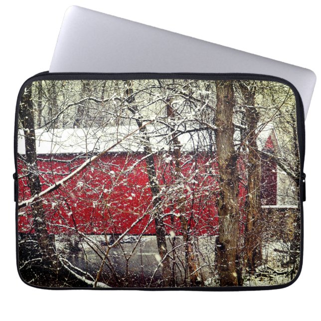 Laptop sleeve with snowy red covered bridge (Front)
