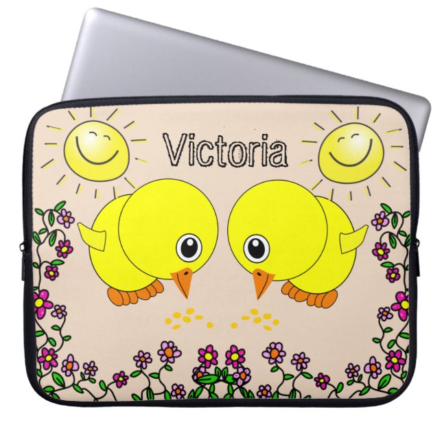 Laptop Sleeve Yellow Chicks Sun Floral (Front)