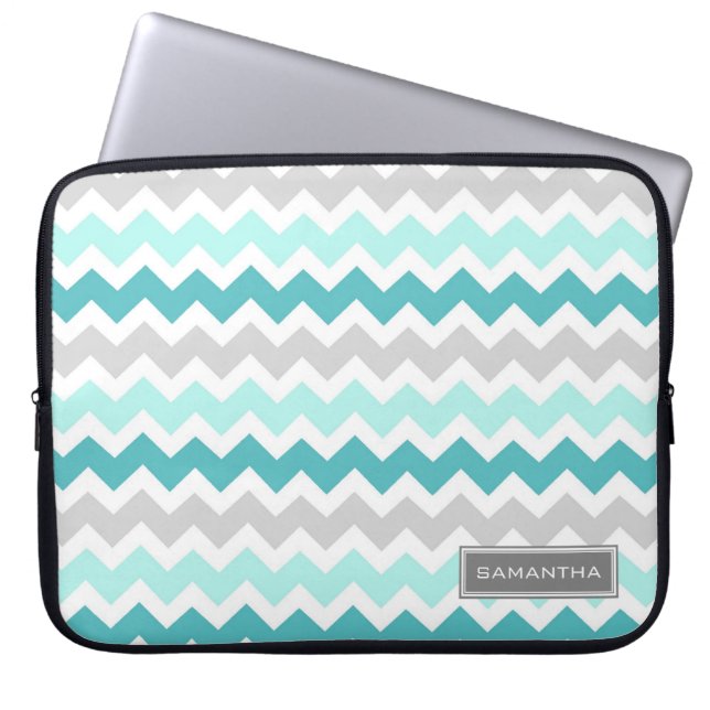 Laptop Teal Ombre Chevron Custom Name Laptop Sleeve (Front)