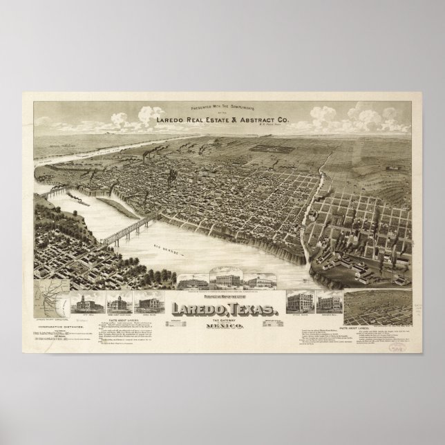 Laredo Texas 1892 Antique Panoramic Map Poster (Front)