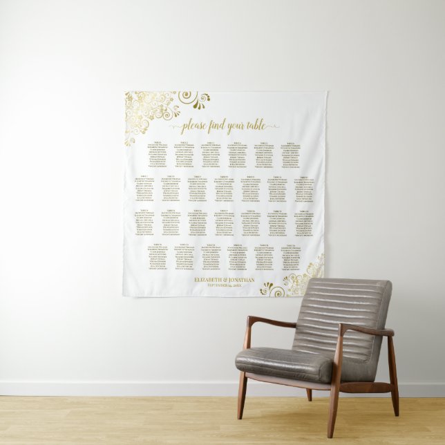 Large 26 Table Gold & White Wedding Seating Chart Tapestry (In Situ)