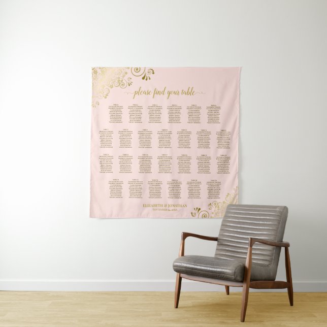 Large 26 Table Pink & Gold Wedding Seating Chart Tapestry (In Situ)