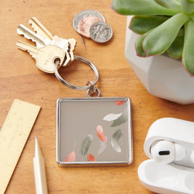Large (2") Floating Feathers Premium Square  Key Ring (Desk)