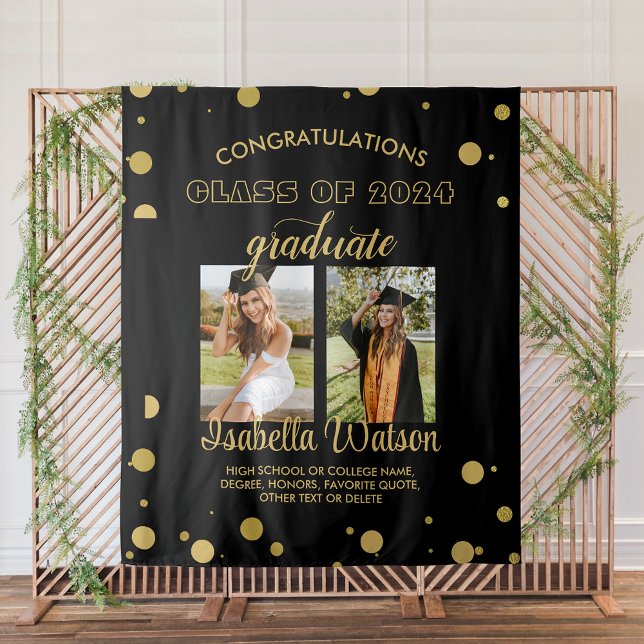 Large 2 Photos Graduation Party BlackGold Backdrop Tapestry (Large 2 Photos Graduation Party BlackGold Backdrop)