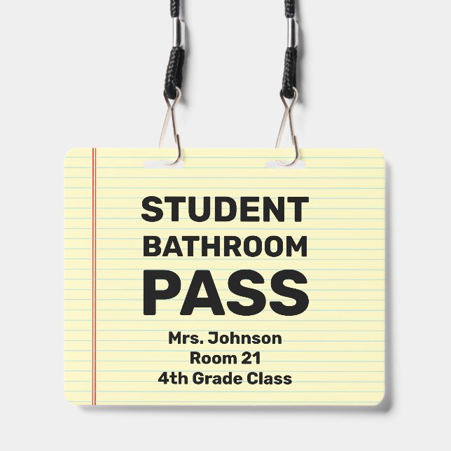 Large 4x5 Student Bathroom Pass Classroom Lanyard ID Badge (Front with Lanyard)
