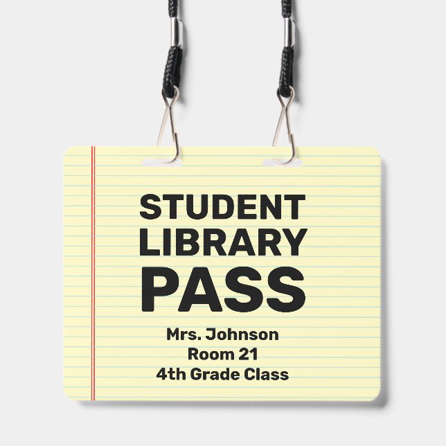Large 4x5 Student Library Pass Classroom Lanyard ID Badge (Front with Lanyard)