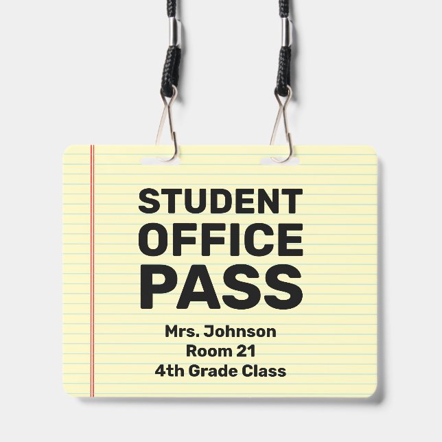 Large 4x5 Student Office Pass Classroom Lanyard ID Badge (Front with Lanyard)