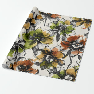 Large Abstract Alcohol Wash Pen and Ink Flowers Wrapping Paper