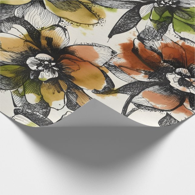 Large Abstract Alcohol Wash Pen and Ink Flowers Wrapping Paper (Corner)