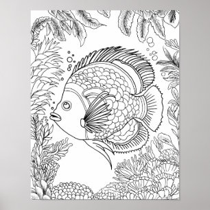 Large Adult Colouring Page Tropical Fish Ocean Art Poster