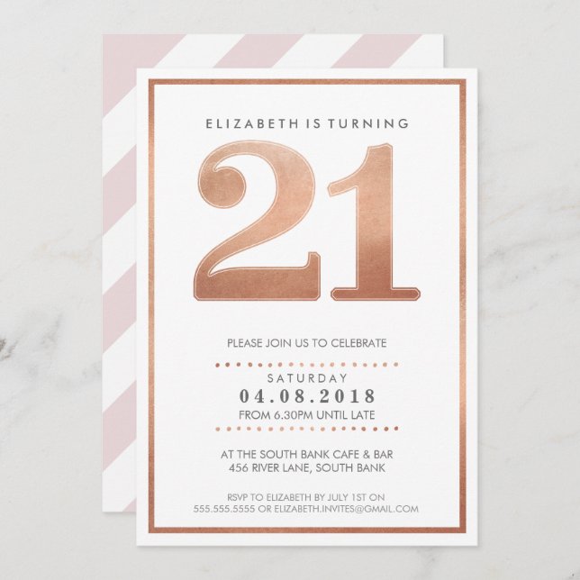 LARGE AGE NUMBER INVITE glam 21 rose gold foil (Front/Back)