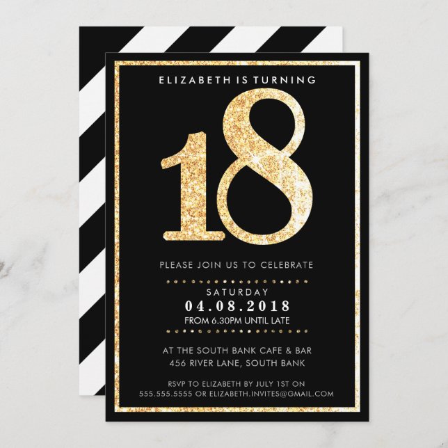 LARGE AGE NUMBER INVITE modern 18 gold glitter (Front/Back)