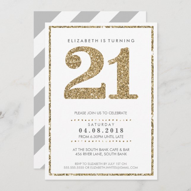LARGE AGE NUMBER INVITE modern 21 gold glitter (Front/Back)