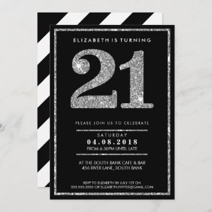 LARGE AGE NUMBER INVITE modern 21 silver glitter