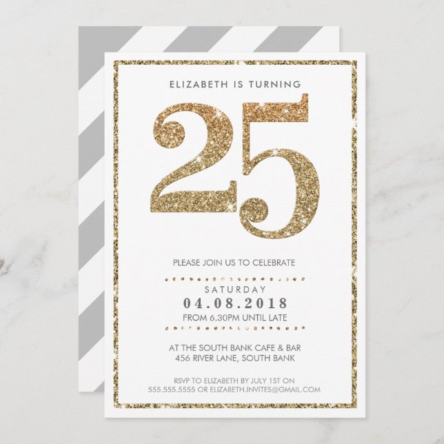 LARGE AGE NUMBER INVITE modern 25 gold glitter (Front/Back)