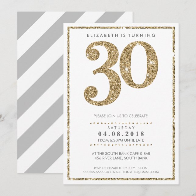 LARGE AGE NUMBER INVITE modern 30 gold glitter (Front/Back)