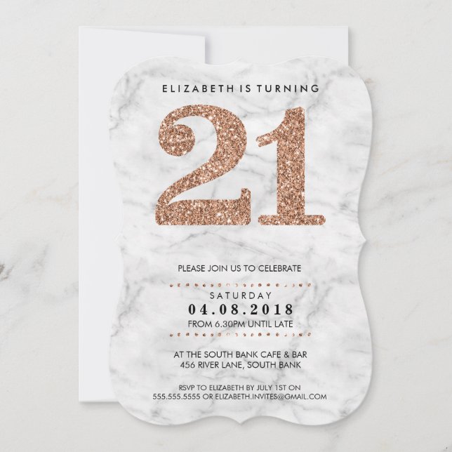LARGE AGE NUMBER marble cool 21 rose gold glitter Invitation (Front)