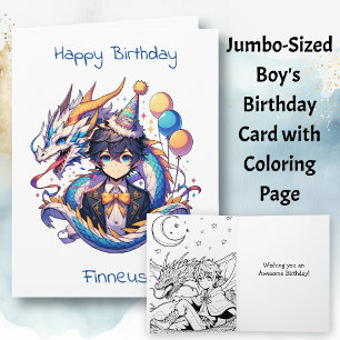 Large Anime Dragon Boy's Birthday   Colouring Page Card