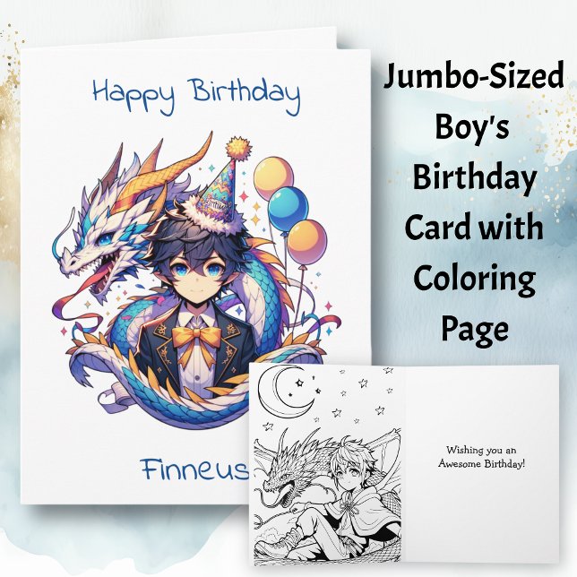 Large Anime Dragon Boy's Birthday | Colouring Page Card (Creator Uploaded)